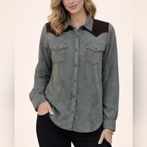 LEGACY FALLS Faux Suede Western Snap Button Long Sleeve Rockabilly Cowgirl Shirt